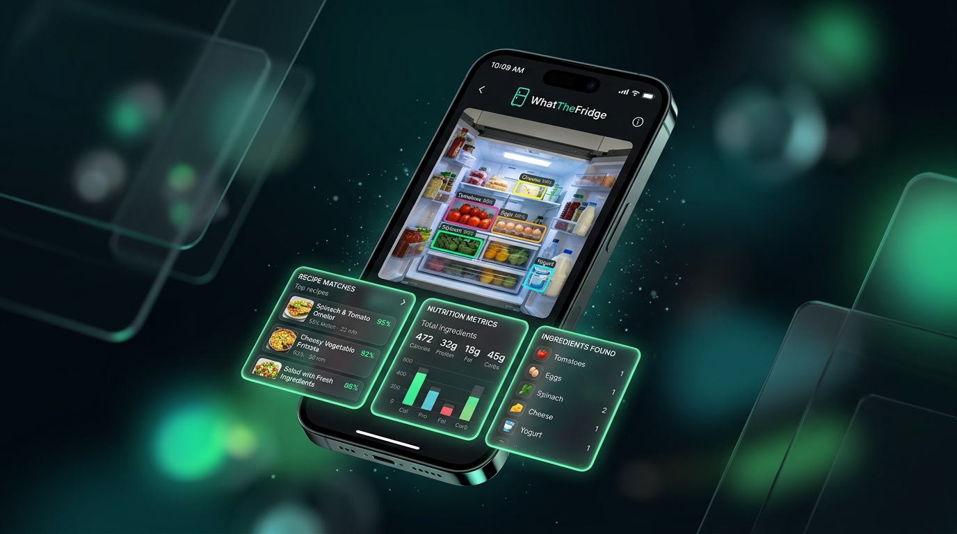 WhatTheFridge AI Smartphone App Interface showing smart fridge scan and recipe generation